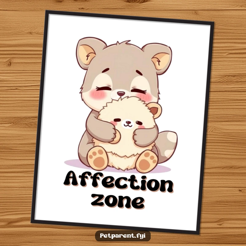 Funny affectionate animal poster art of a character cuddling a fluffy stuffed animal with love. Humorous wall decor.