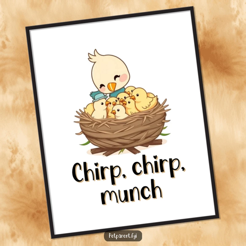 Funny poster print of a bird character feeding a nest full of hungry chicks, capturing a heartwarming scene of avian family life.