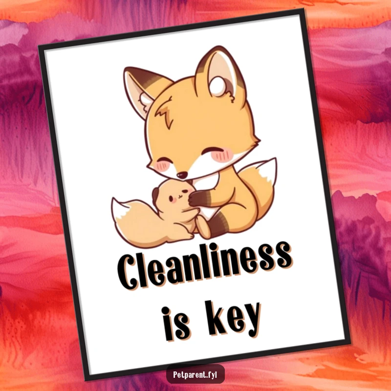 Funny Nurturing Fox Poster: A nurturing fox grooms a small creature, perfect for humorous wall art.