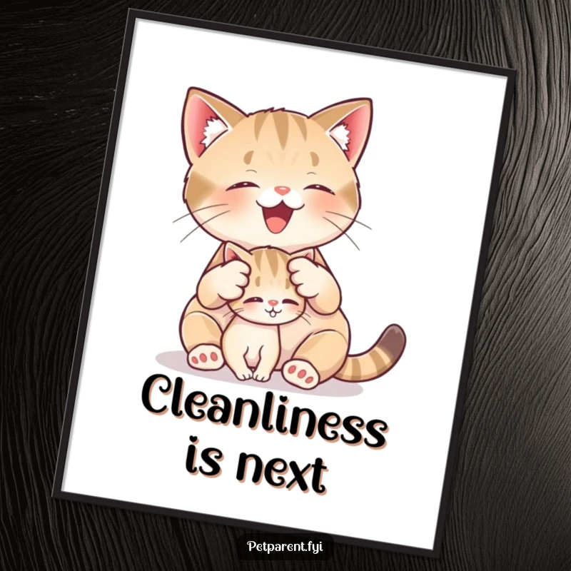 Funny poster print of a cat character attentively grooming a very small kitten, capturing a moment of pure maternal bliss.