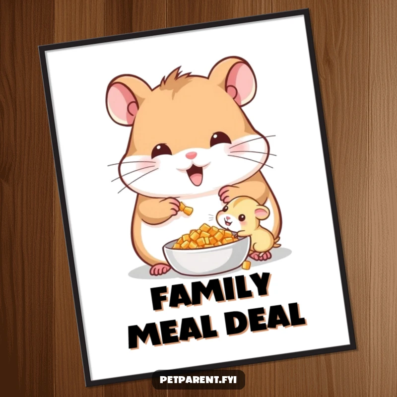 Funny Cheerful Hamster Poster: A cheerful hamster shares food with a baby, perfect for humorous family wall art.