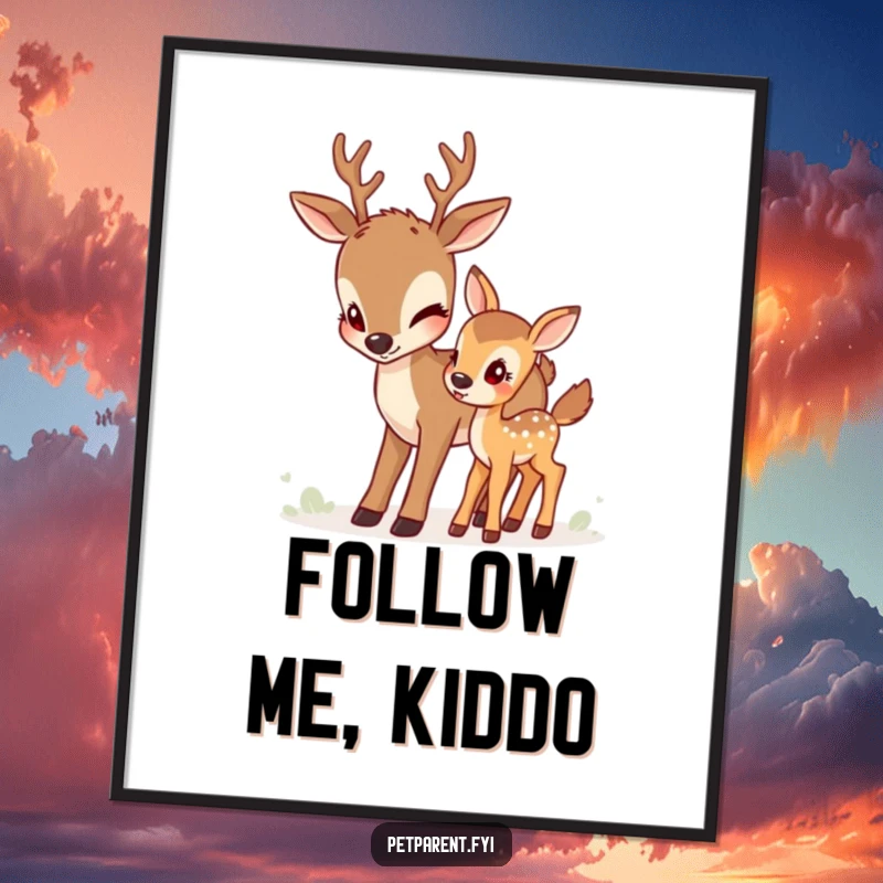 Funny deer poster illustrating a caring deer character nudging a young fawn forward, evoking themes of guidance and familial love.