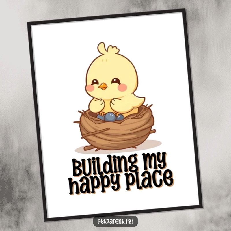 Funny cheerful bird character building a cozy nest, presented as humorous and charming wall art for any room.