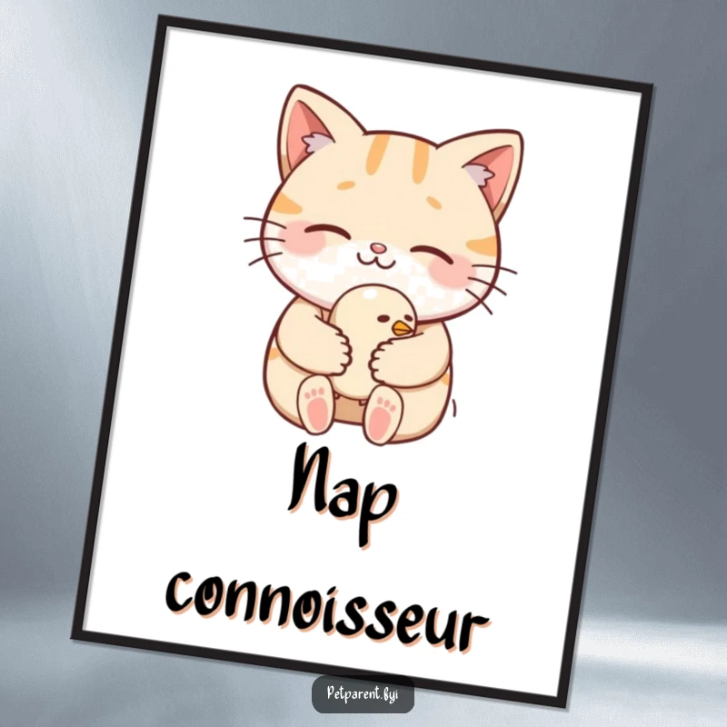 Funny Poster: A smiling cat tenderly cradles a small, sleepy bird, creating a heartwarming and humorous art piece.