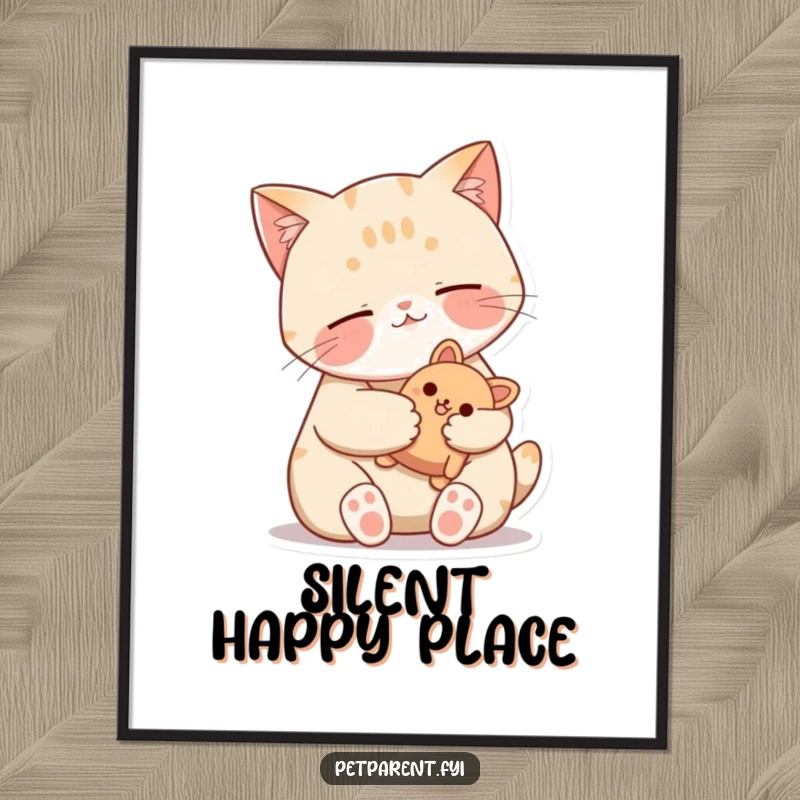 Funny Cat Poster showing a contented cat purring while hugging a stuffed toy, making a heartwarming and humorous piece of art.