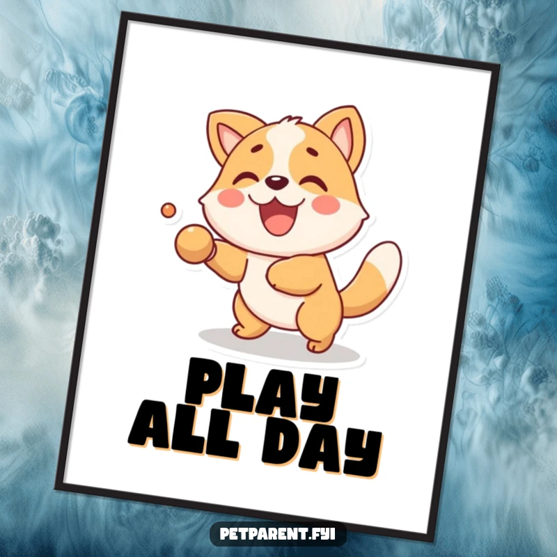 Funny Poster depicting a delighted animal character joyfully playing fetch. A perfect funny gift for animal enthusiasts to energize their space.