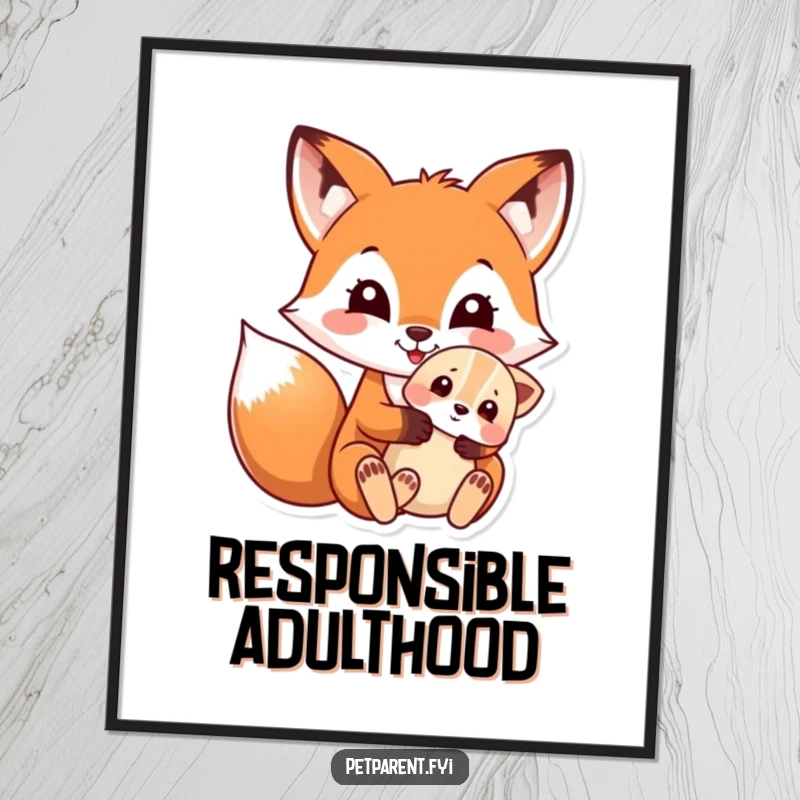 Funny poster art depicting a tender moment between a smiling fox and a cute puppy, radiating happiness.