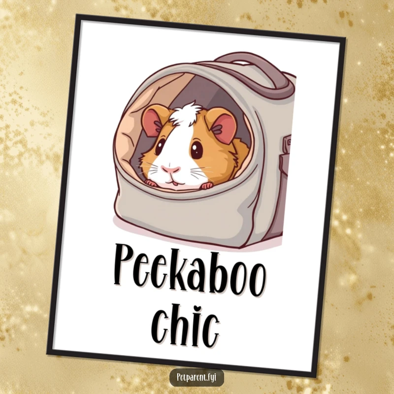 Funny poster featuring a content guinea pig peeking out of a cozy, fabric-lined carrier bag, creating humorous and comforting wall art.
