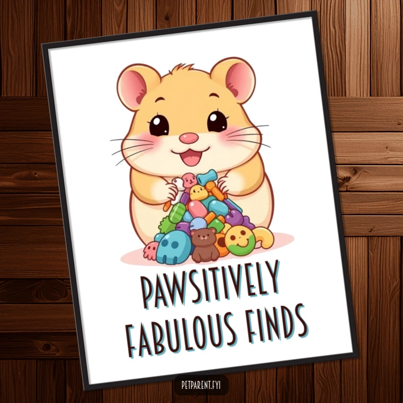 Funny poster featuring a happy hamster proudly presenting a pile of colorful pet accessories, creating humorous pet-themed wall art.