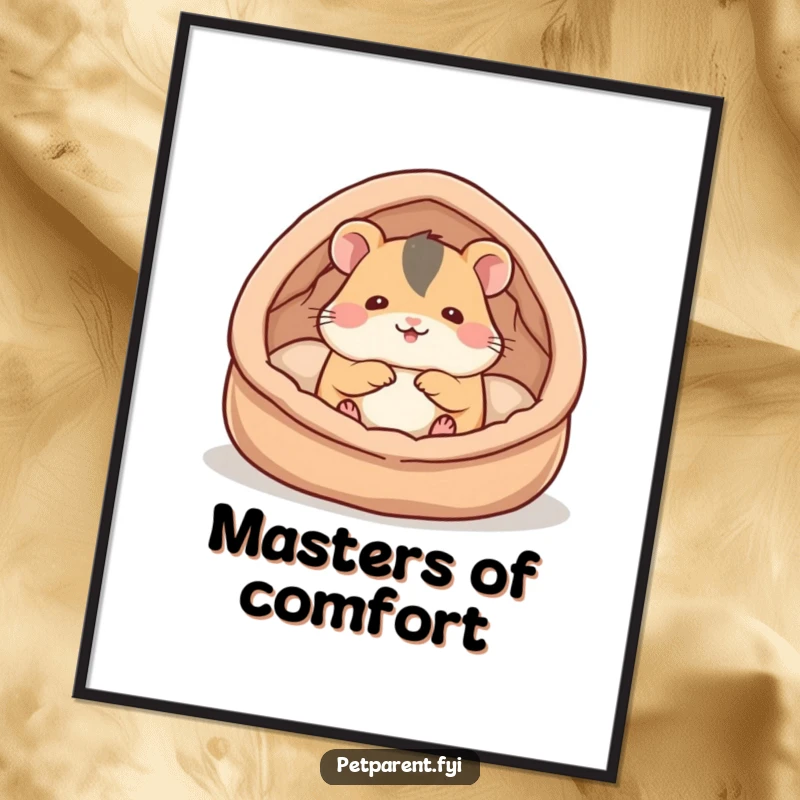 Funny hamster poster capturing a cute hamster character diligently building a soft, inviting bed, creating a heartwarming and humorous scene.