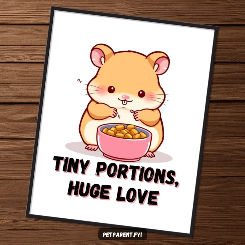 Funny poster print of a hamster character carefully preparing a tiny food bowl for a small companion, conveying care and abundance.
