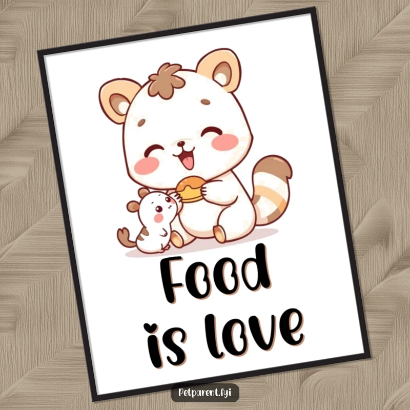 Funny happy animal character sharing a meal with its small friend, displayed as charming wall art.