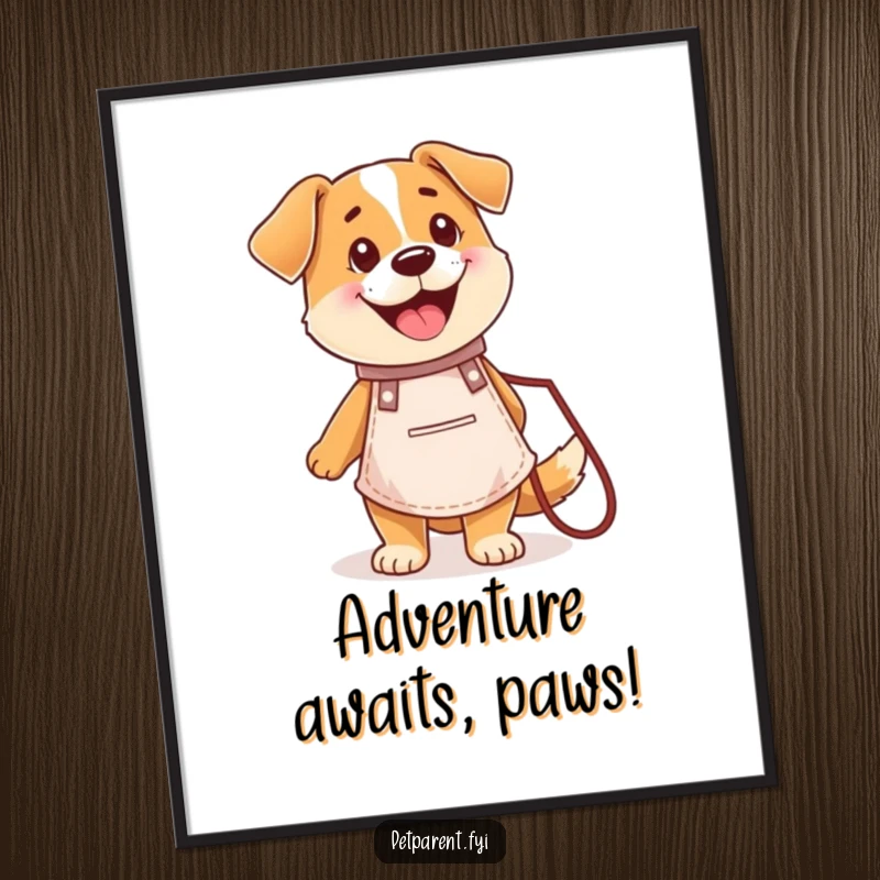 Funny poster art of a happy dog character wearing an apron and holding a leash, embodying joy and readiness.