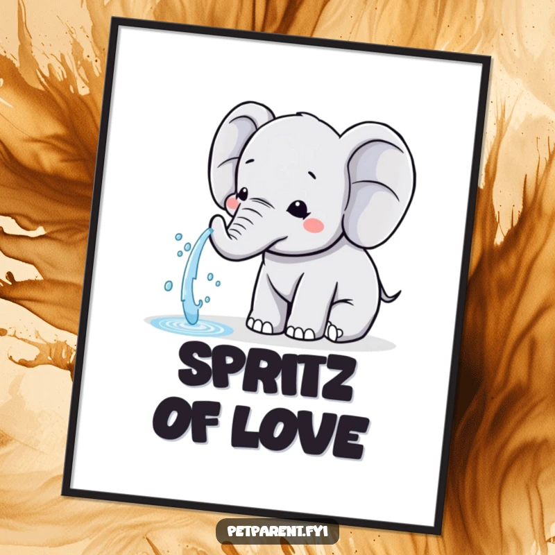 Funny Kawaii Elephant Poster: Art print of a friendly Kawaii elephant spraying water to help another, embodying generosity and care.