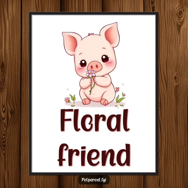 Funny Kawaii Piglet Poster: Art print of a cute Kawaii piglet placing a flower on a friend, symbolizing kindness and beauty.