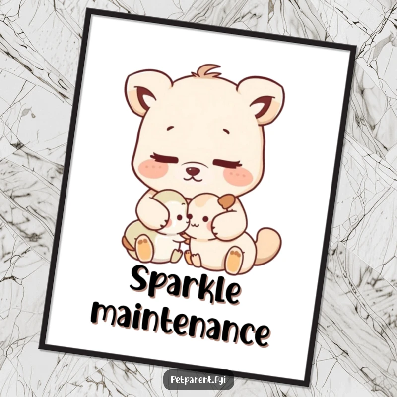 Funny nurturing animal character gently grooming a smaller animal, displayed as charming wall art.