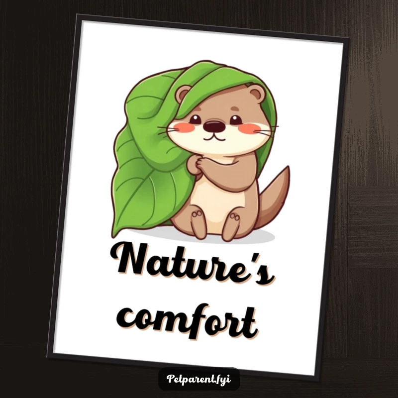 Funny poster print of a whimsical otter character using a large leaf as a blanket, bringing a cozy and humorous natural scene to walls.