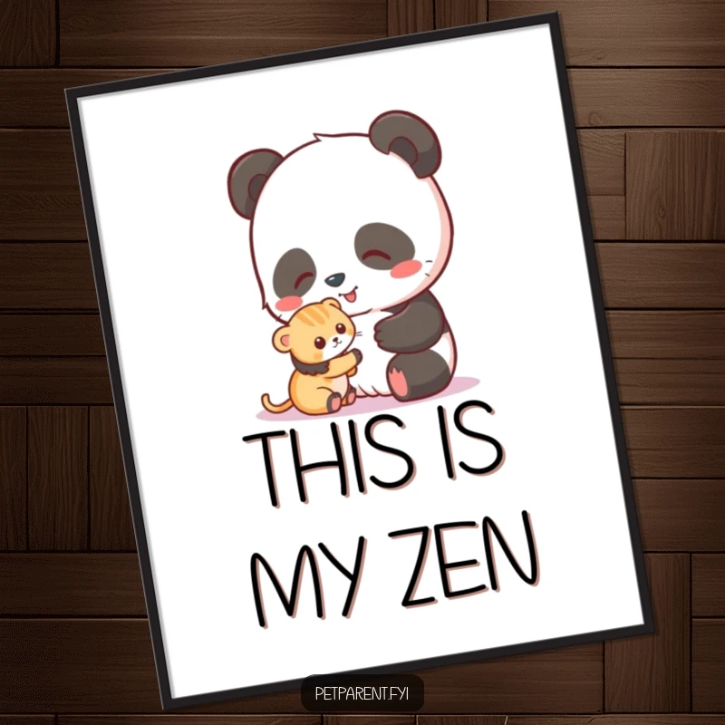 Funny poster art showing a content panda gently petting a small kitten, radiating love and happiness.