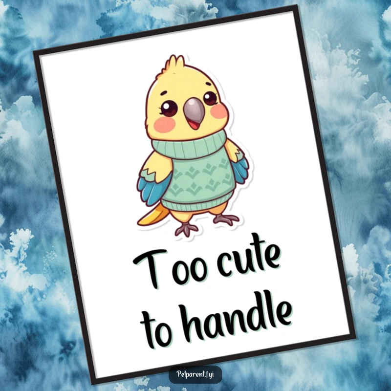 Funny parrot poster showcasing a stylish bird character in a miniature sweater, adding whimsy and humor to any wall decor. Excellent funny gift.