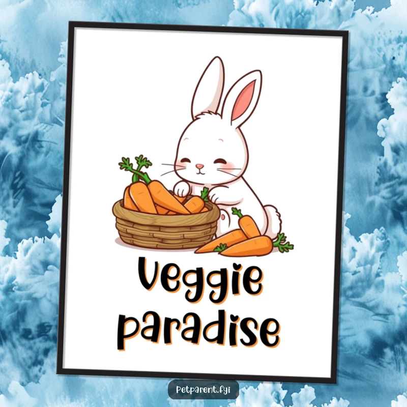 Funny Patient Rabbit Poster: A patient rabbit adores a basket of carrots, perfect for humorous kitchen wall art.