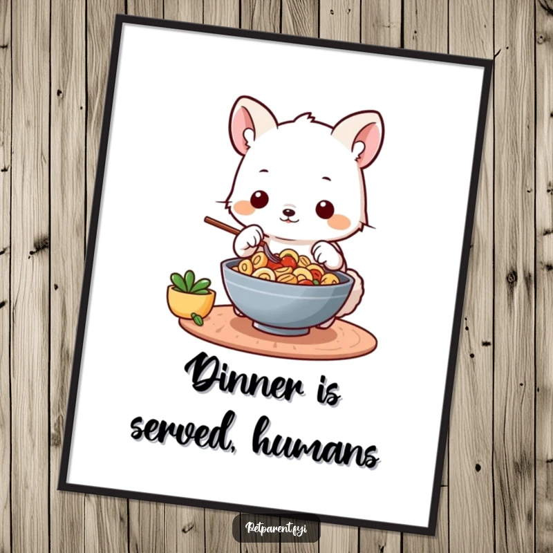 Funny poster art of a skilled squirrel chef in a tiny toque, meticulously arranging food in a bowl, adding humor to decor.