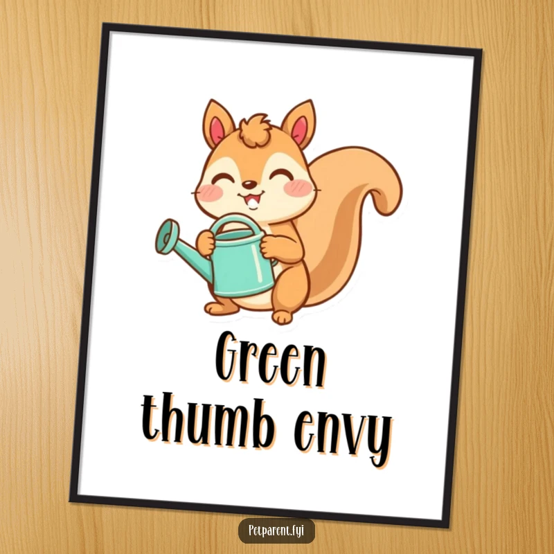 Funny poster art of a joyful squirrel holding a watering can, symbolizing growth and a love for plants.