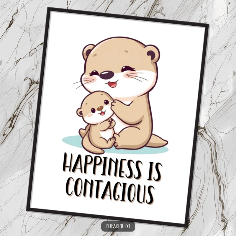 Funny Otter Poster showcasing a delighted otter engaging with a shy baby otter, creating a heartwarming and humorous piece of wall art.