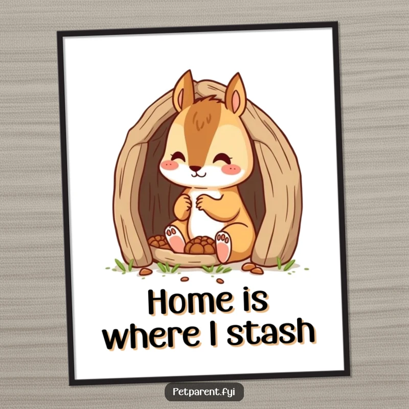 Funny and focused wall art poster of a dedicated squirrel character building a tiny den, perfect for inspiring spaces.