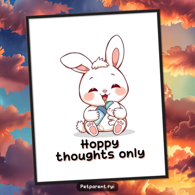 Funny bunny family poster, a smiling bunny character feeding a tiny baby bunny with a bottle, joyful and humorous nursery art.