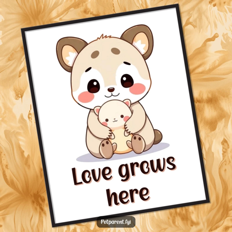 Funny poster of a cute animal character tenderly cuddling a tiny creature, humorously inspiring warmth and affection on your wall.