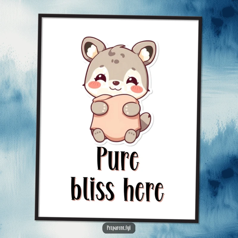 Funny poster illustrating a smiling animal character holding a small, warm blanket, a heartwarming depiction of comfort and joy.