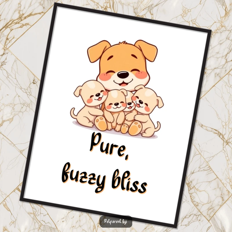 Funny poster print of a dog character lovingly cuddling three tiny, precious puppies, conveying a sense of immense warmth and happiness.