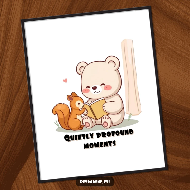 Funny poster art of a content bear reading a tiny book to a squirrel, symbolizing friendship and storytelling.