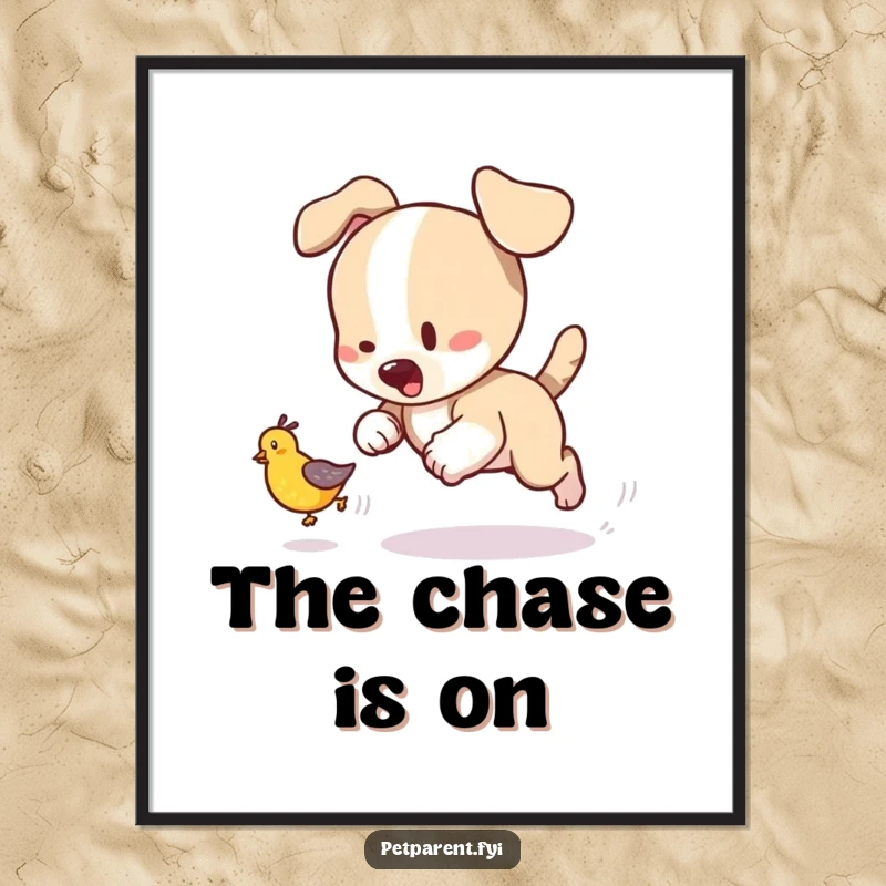 Funny playful puppy poster art, showing a dog chasing a tumbling baby bird, creating a charming and humorous wall decoration.