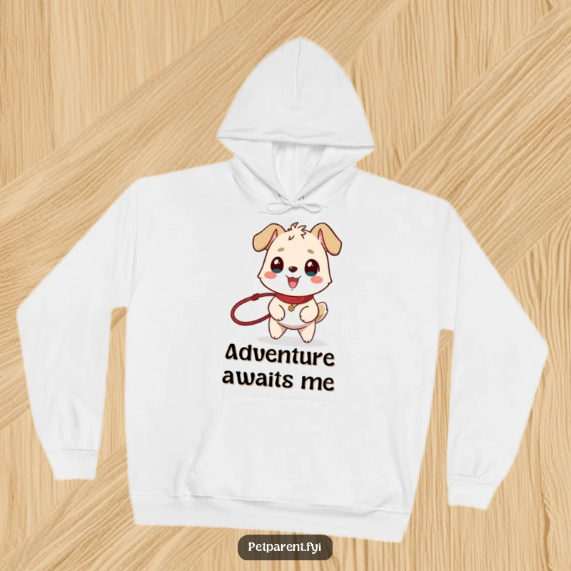 Funny and warm hoodie depicting an excited animal holding a leash, ready for outdoor fun with its wagging tail.