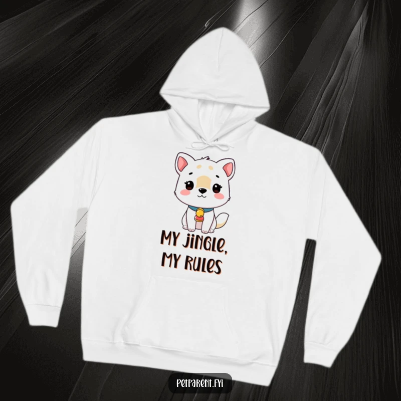 Funny and cozy hoodie with an illustration of an animal wearing a small collar with a jingle bell, perfect for lounging.