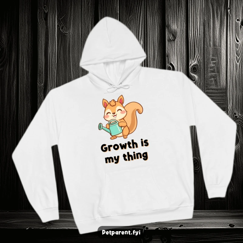 Funny hoodie with a joyful squirrel character holding a watering can, ideal for garden enthusiasts.