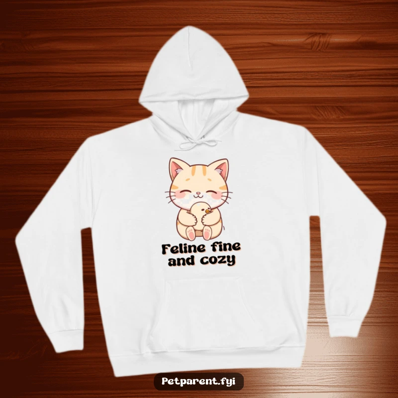 Funny Hoodie: A smiling cat is depicted gently cradling a tiny, peaceful bird, a heartwarming and humorous visual.