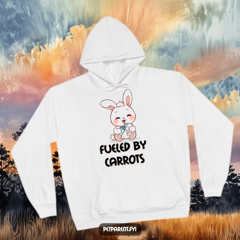 Funny bunny feeding hoodie, a smiling bunny character feeding a baby bunny from a bottle, showcasing warmth and gentle humor.