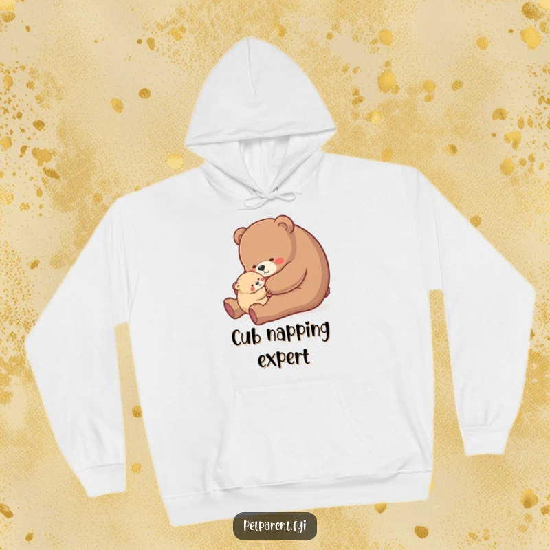 Funny bear hug hoodie, nurturing bear character rocking a small cub, soft and humorous apparel for parents.