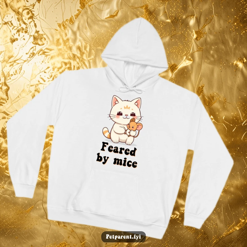 Funny hoodie with a proud cat character holding a tiny toy mouse, offering warmth and humorous feline pride.