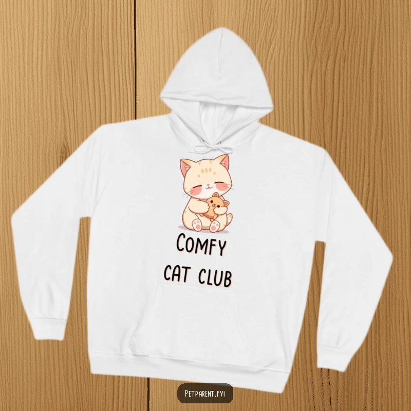 Funny Cat Hoodie showcasing a contented cat purring while cuddling a stuffed toy, embodying warmth, comfort, and playful humor.