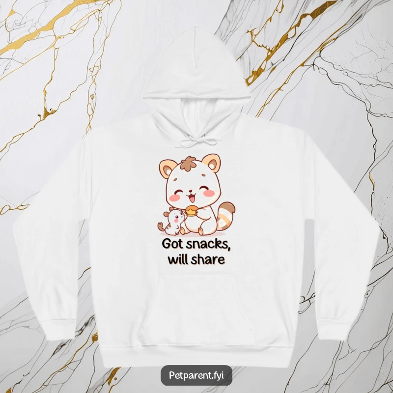 Funny happy animal character generously offering food to a tiny friend, printed on a soft, warm hoodie.
