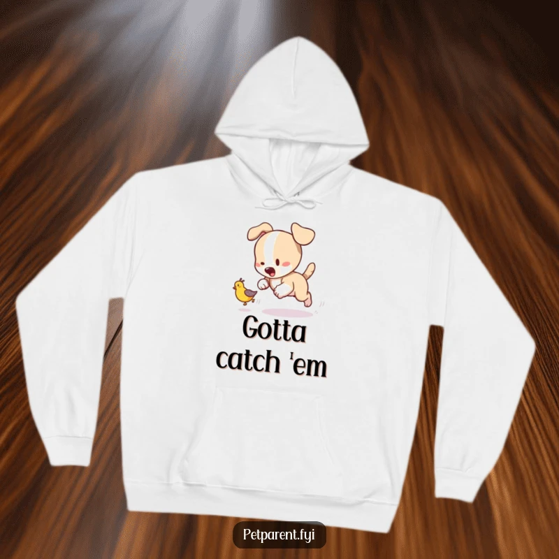 Funny cozy hoodie with a playful puppy character enthusiastically chasing a tumbling baby bird, offering warmth and humor.