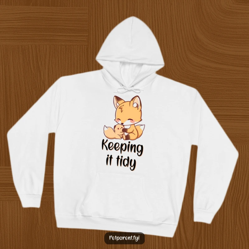 Funny Nurturing Fox Hoodie: A nurturing fox gently grooms a small creature, a cozy and funny gift for kind people.