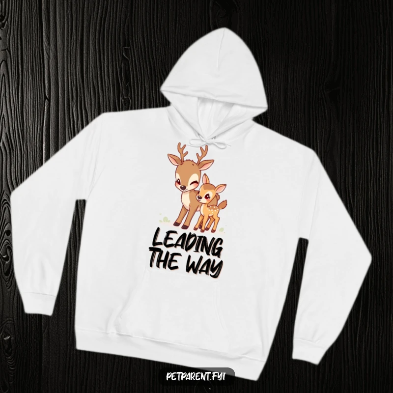Funny deer hoodie depicting a protective deer guiding her fawn, creating a sense of security and warmth for the wearer.