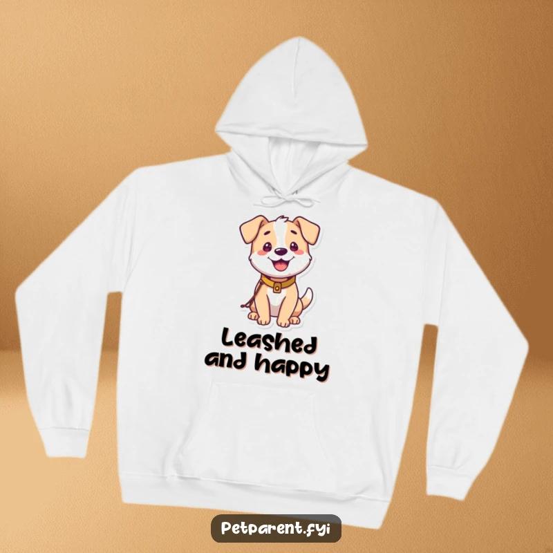 Funny Dog Hoodie: A happy dog wearing a small leash and collar is thrilled about going outside. Humorous design.