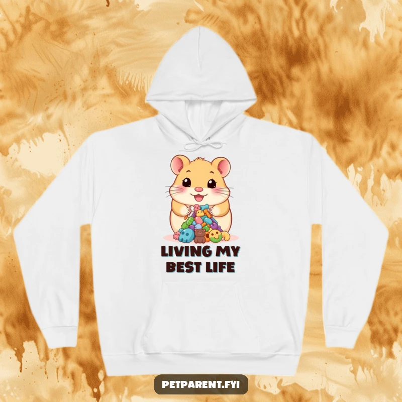 Funny hoodie with a happy hamster proudly presenting a collection of colorful pet accessories, radiating joyful pet pride.