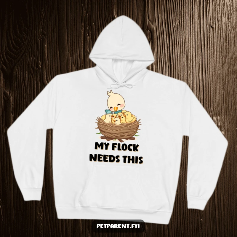 Funny hoodie depicting a nurturing bird character feeding a nest full of hungry chicks, perfect for cozy moments inspired by nature.