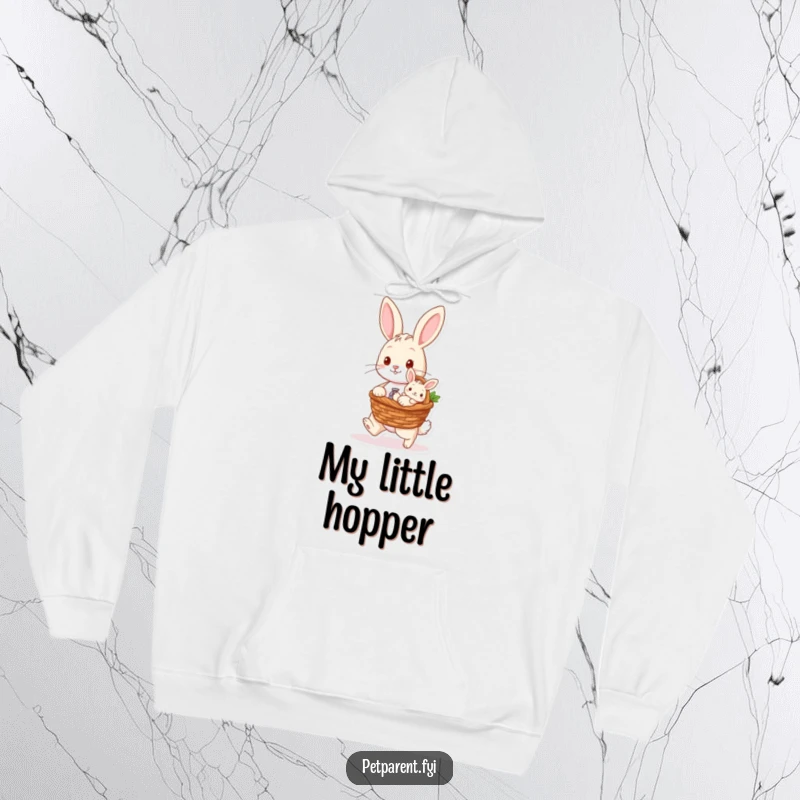 Funny hoodie depicting a loving rabbit character carrying a baby bunny in a basket, perfect for cozy moments with a touch of sweetness.
